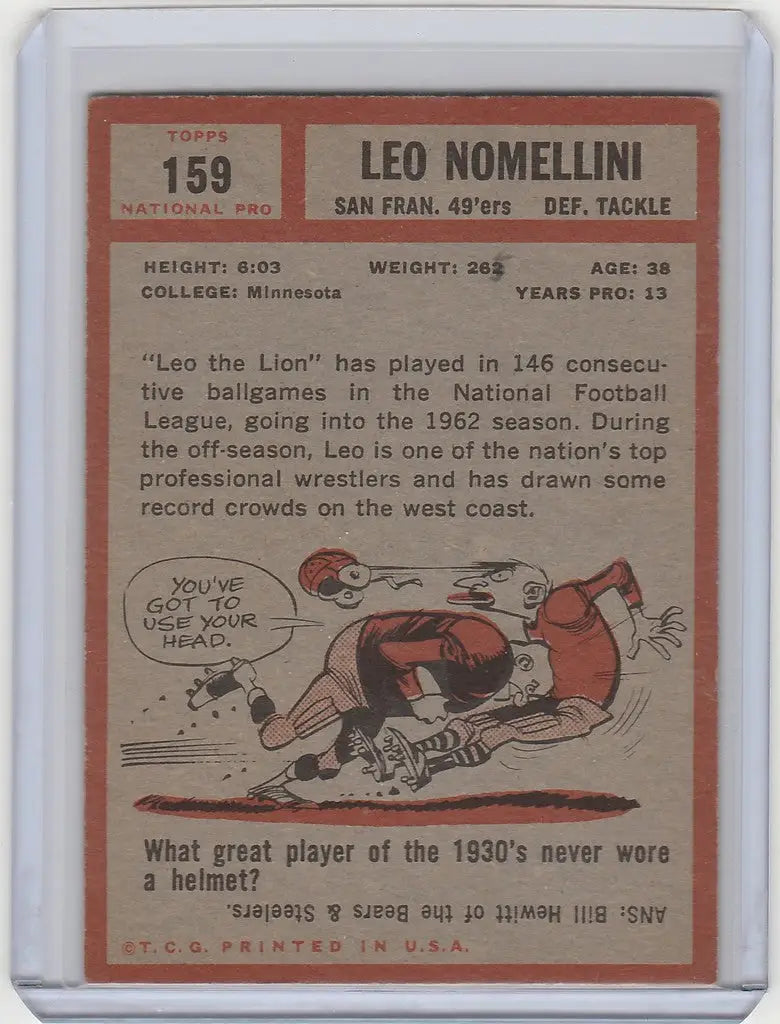 Vintage football trading card of Leo Nomellini, San Francisco 49ers, 1962 Topps #159