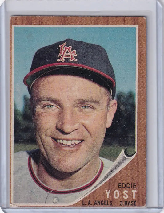 Baseball card of Eddie Yost portrait wearing a Los Angeles Angels cap, smiling