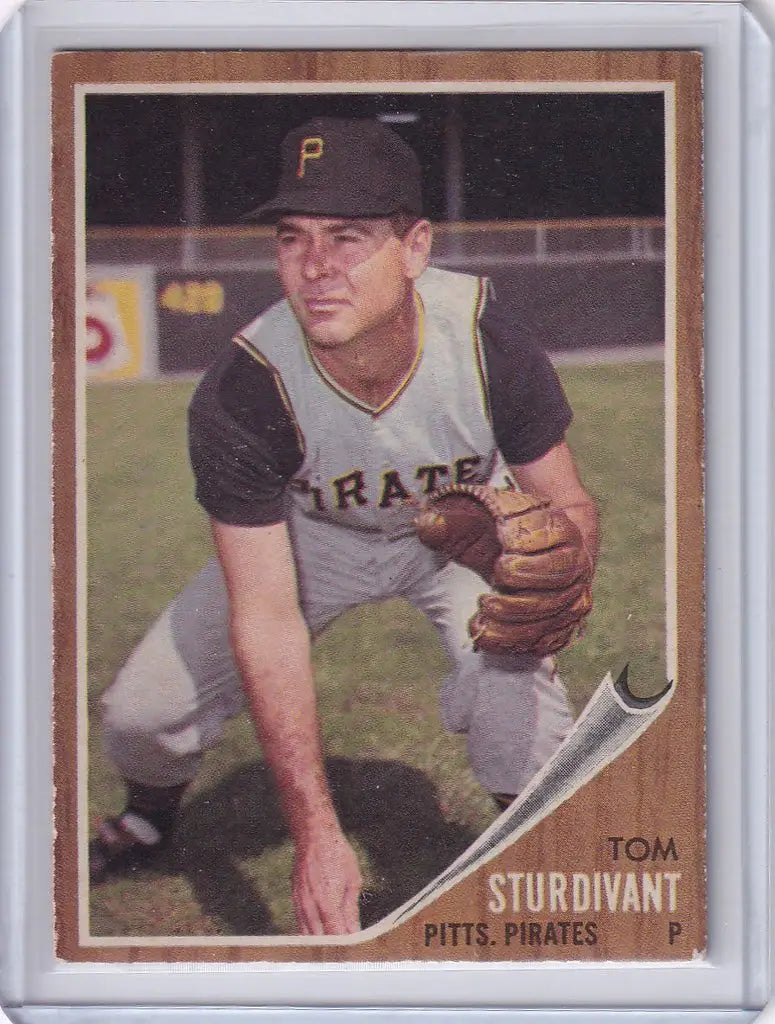 Baseball card of Tom Sturdivant in pitching stance for Pittsburgh Pirates