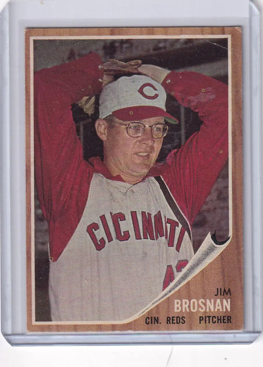 Vintage baseball card of Jim Brosnan - Cincinnati Reds pitcher in white uniform