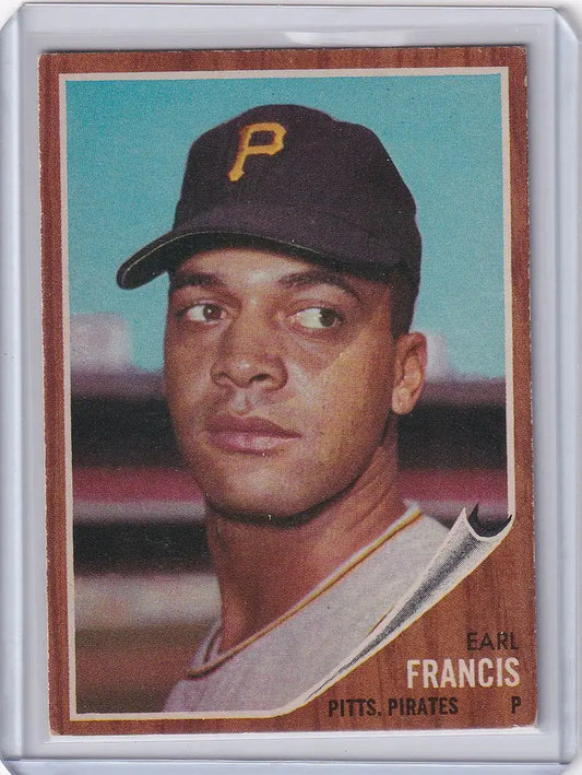 Baseball card of Earl Francis, Pittsburgh Pirates player with black cap and yellow P logo