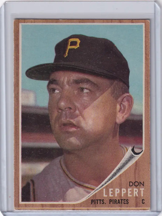 Baseball card of Don Leppert, Pittsburgh Pirates player in cap with P logo