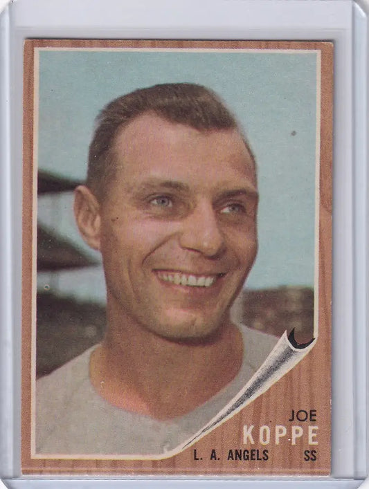 Baseball card of Joe Koppe smiling for the Los Angeles Angels team, 1962 Topps #39