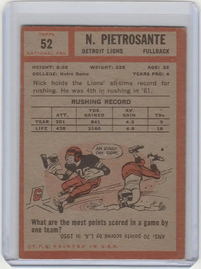 Vintage 1962 Topps Nick Pietrosante Detroit Lions football trading card in excellent condition