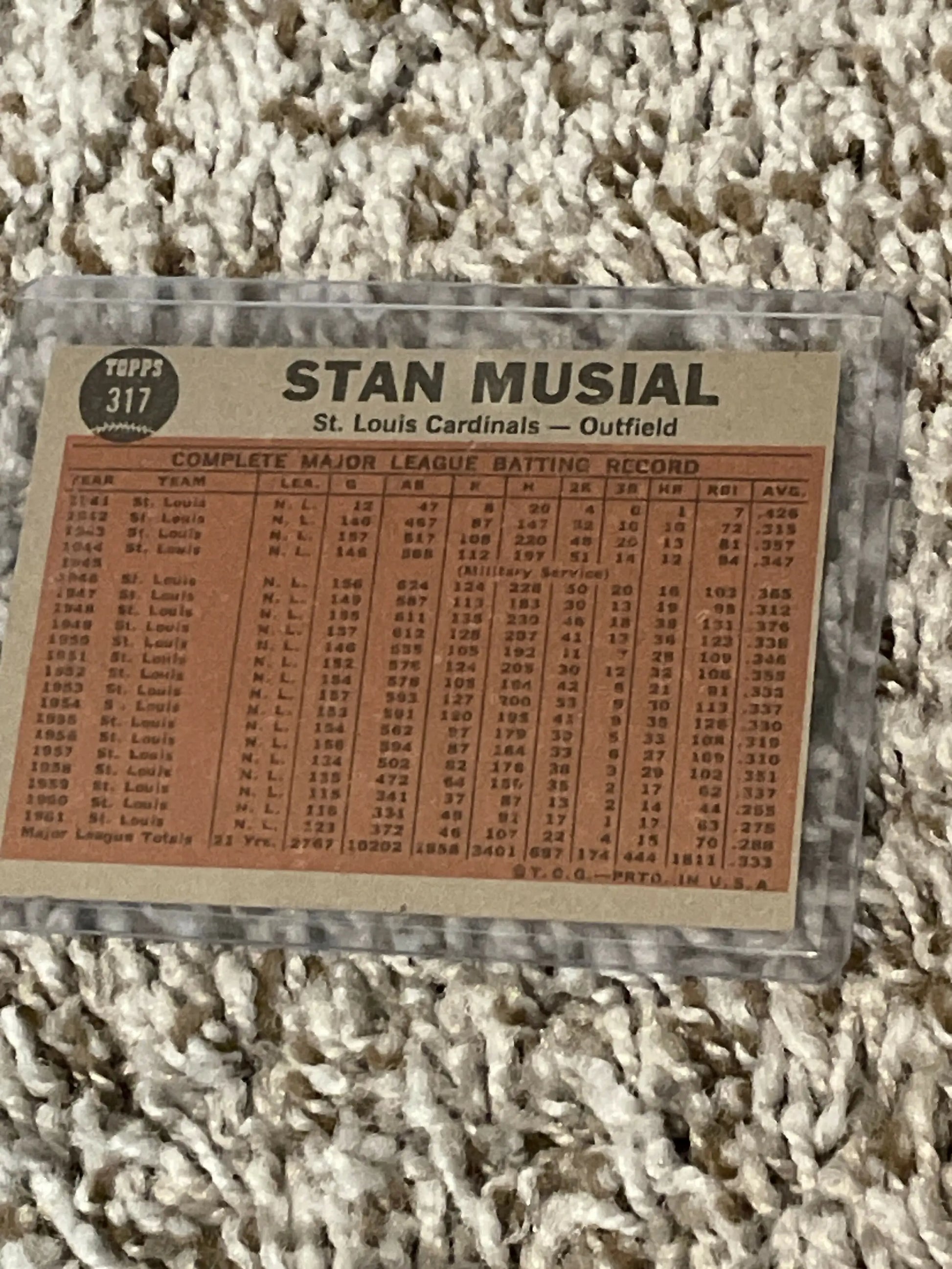 Vintage baseball card of Stan Musial with career stats from 1962 Topps Plays #317