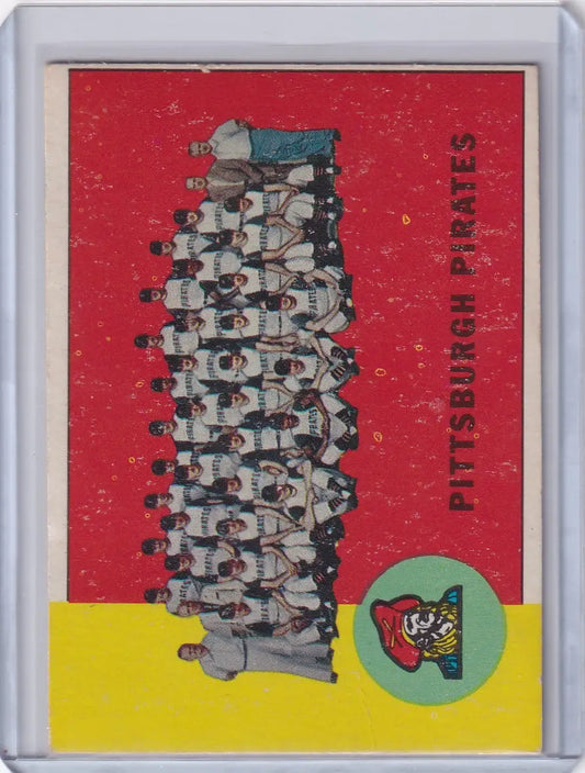 Vintage Pittsburgh Pirates team card featuring players in uniform against a red background