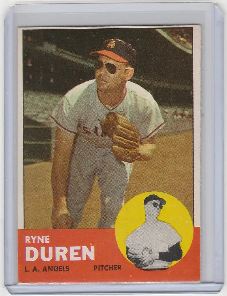 Baseball card of Ryne Duren in playing stance, Los Angeles Angels 1963 Topps #17