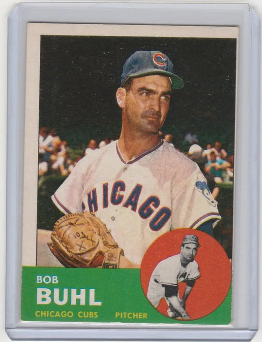 Baseball card of Bob Buhl Chicago Cubs pitcher in EXMT condition with blue cap