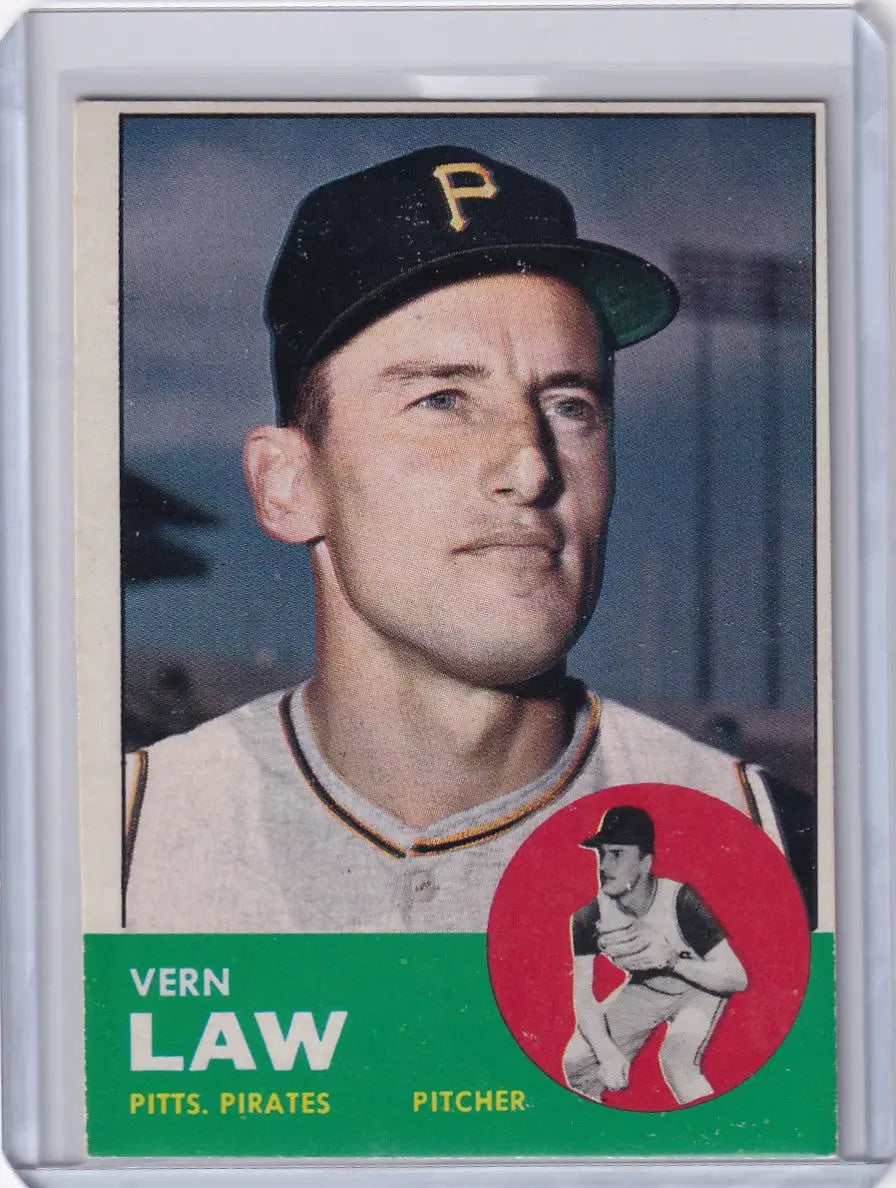 1963 Topps 184 Vern Law trading card of Pittsburgh Pirates pitcher Vern Law