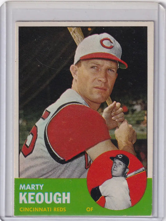 Baseball card of Marty Keough in batting stance for Cincinnati Reds 1963 Topps