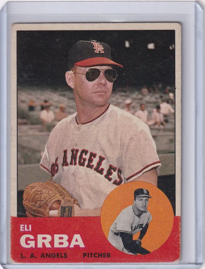 Baseball card of Eli Grba, Los Angeles Angels pitcher in sunglasses and uniform