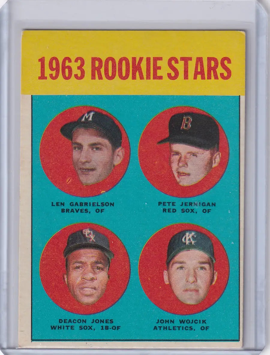 Vintage baseball card featuring 1963 Rookie Stars Gabrielson, Jernigan, Jones, Wojcik RC