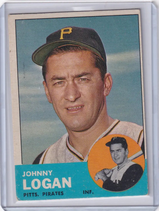 Baseball card of Johnny Logan from the Pittsburgh Pirates in 1963 Topps trading cards