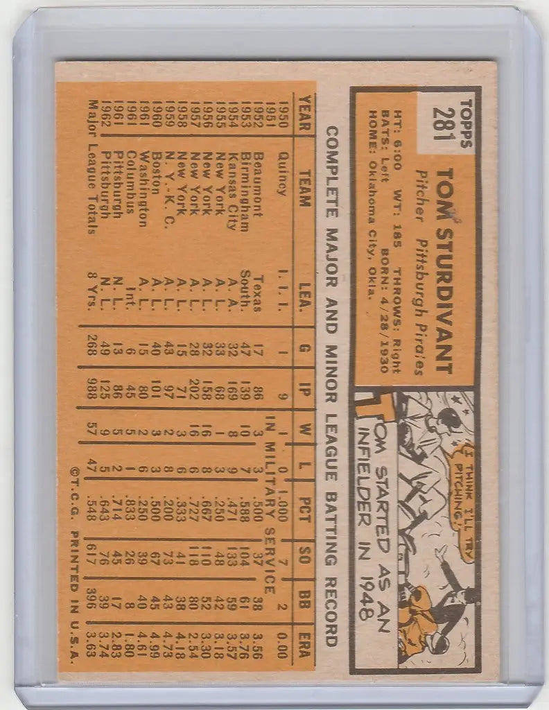 Vintage baseball card of Tom Sturdivant featuring statistics and illustration for Pittsburgh Pirates EXMT