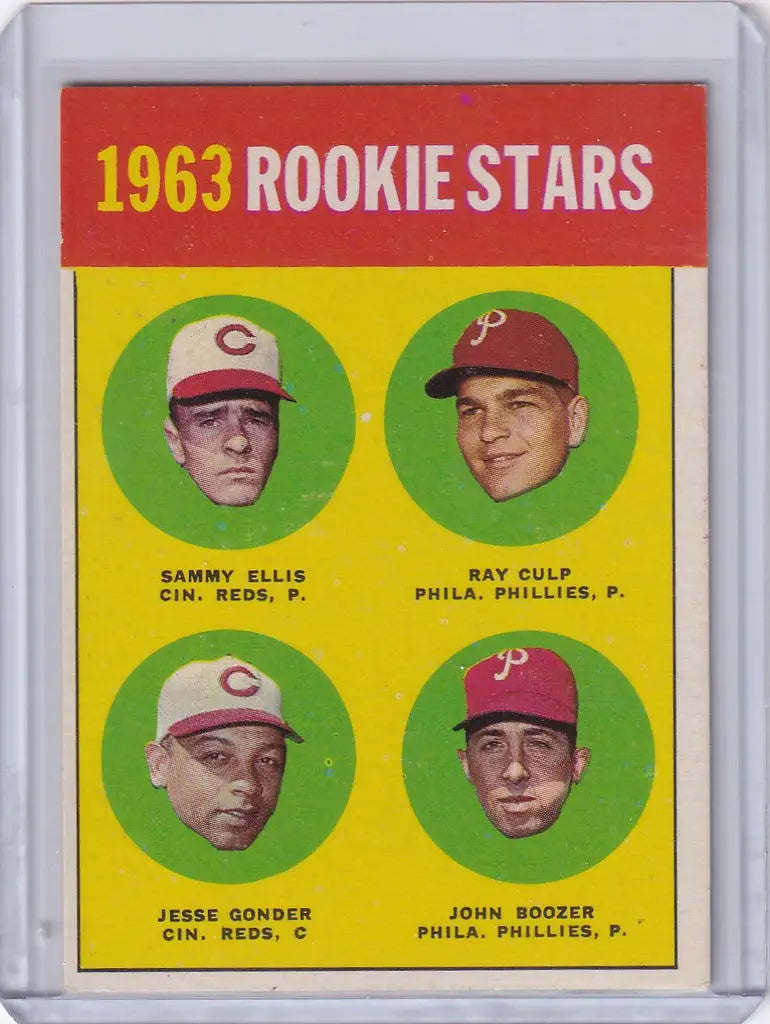 Vintage baseball card showcasing 1963 rookie stars Ellis, Culp, Gonder, and Boozer