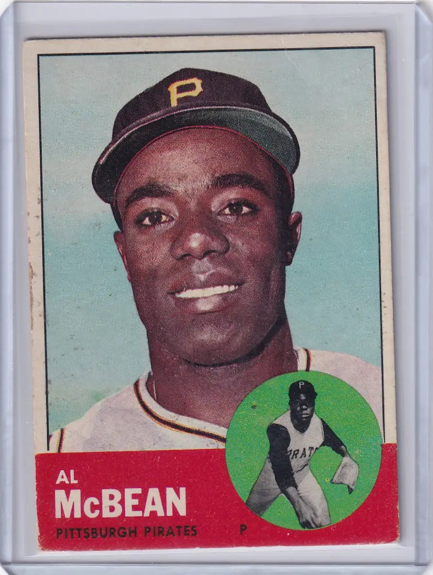 Baseball card of Al McBean smiling in a Pittsburgh Pirates cap from 1963 trading cards