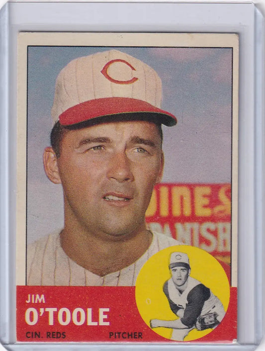 Vintage 1963 Topps Cincinnati Reds baseball card of pitcher Jim O’Toole in white uniform