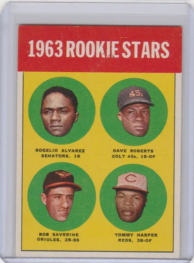 Vintage baseball card featuring 1963 Rookie Stars Alvarez, Robets, Saverine, and Harper EXMT