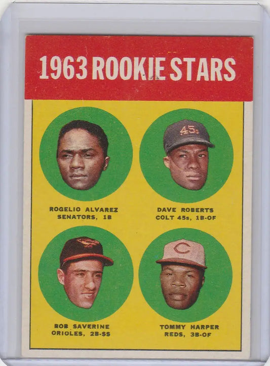 Vintage baseball card featuring 1963 Rookie Stars Alvarez, Robets, Saverine, and Harper EXMT