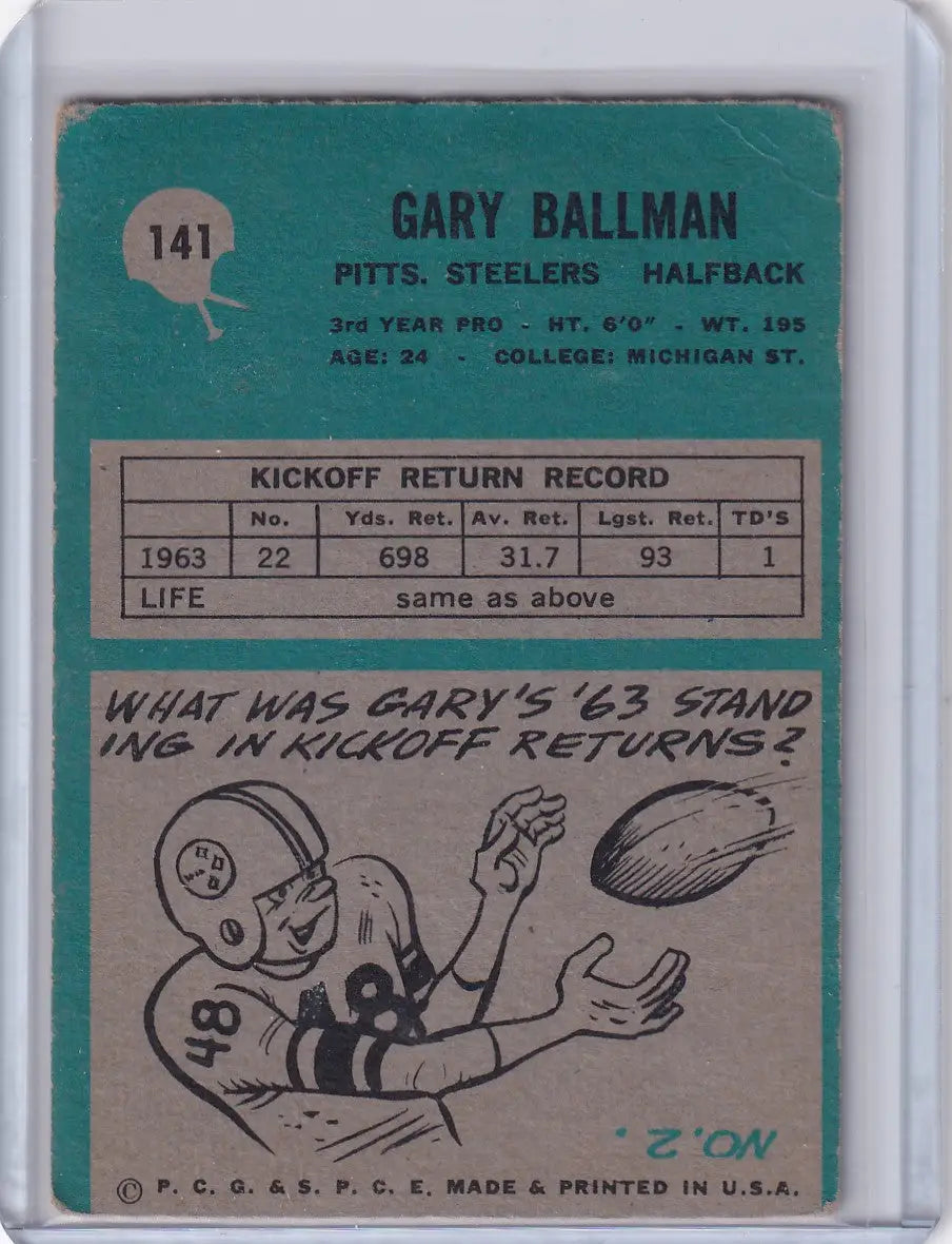 Vintage 1964 Philadelphia Football card of Gary Ballman, Pittsburgh Steelers halfback