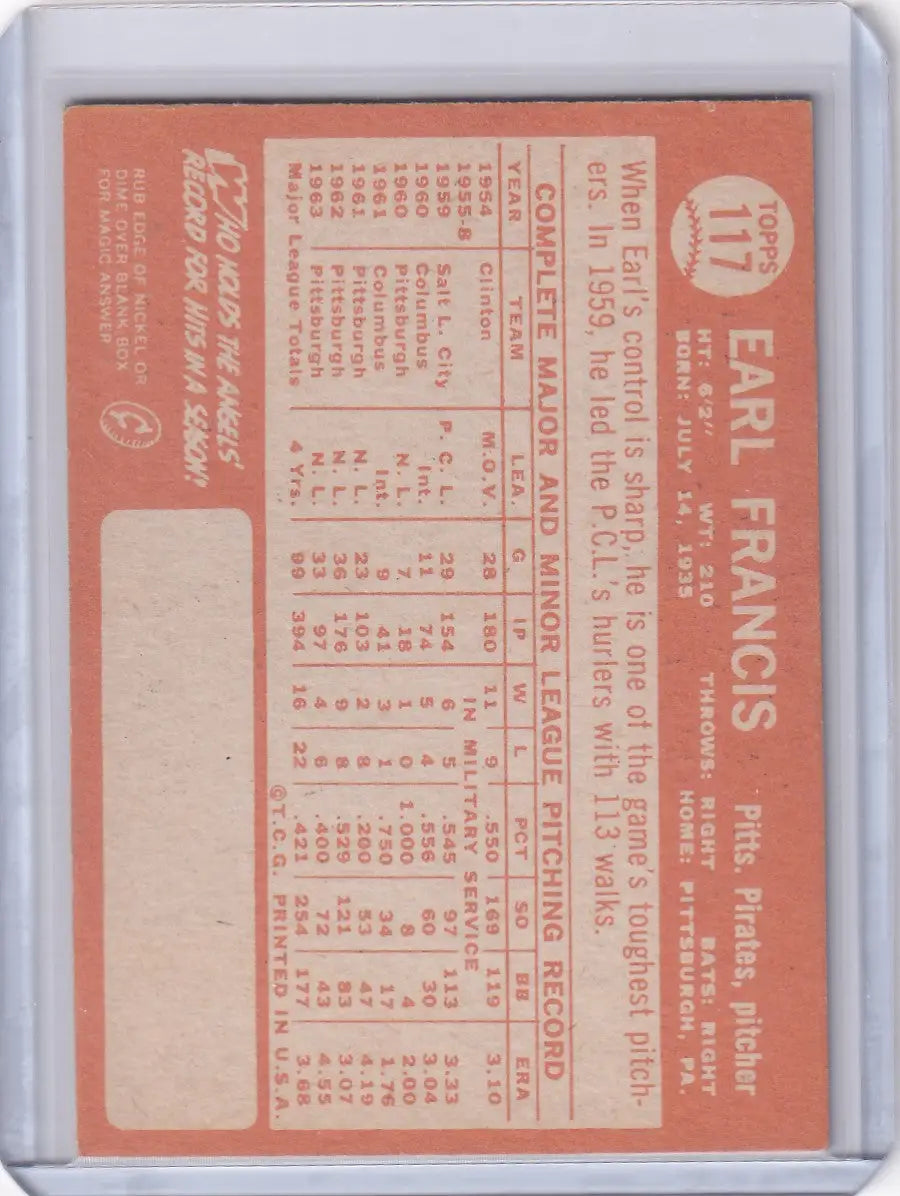 1964 Topps Baseball #117 Earl Francis card with red ink stats on light background