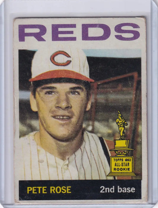 1964 Topps Baseball Card #125 of Pete Rose in Cincinnati Reds pinstriped uniform