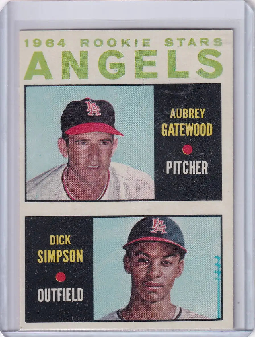 1964 Topps Baseball Angels Rookies card featuring Aubrey Gatewood and Dick Simpson