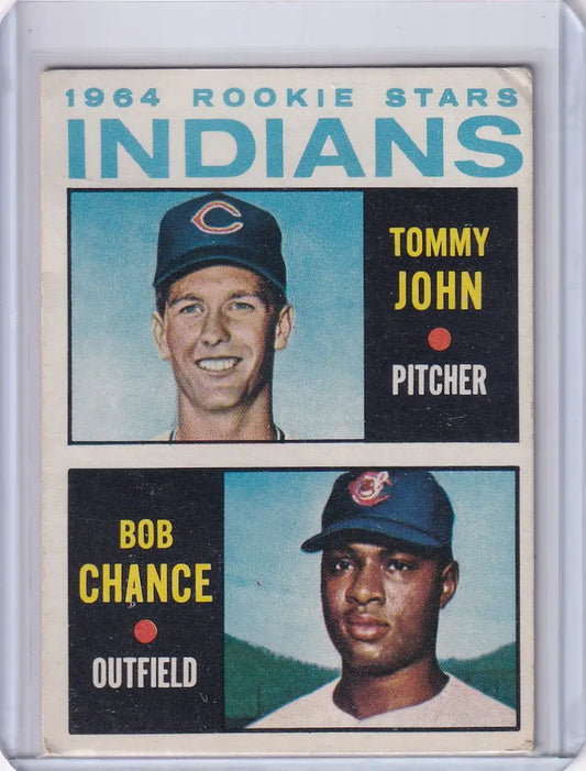 1964 Topps Baseball card featuring Indians Rookies Tommy John and Bob Chance RC