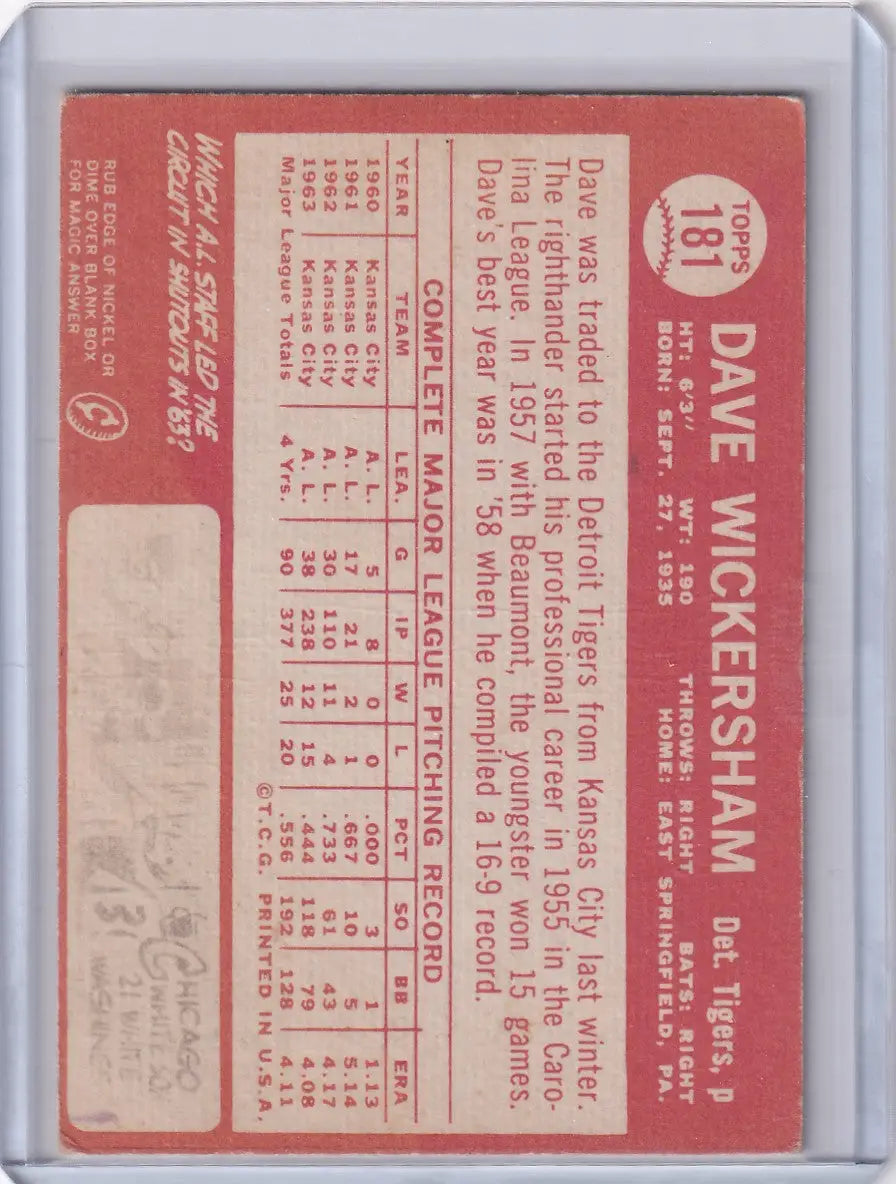 Vintage 1964 Topps Baseball card of Dave Wickersham featuring Detroit Tigers stats