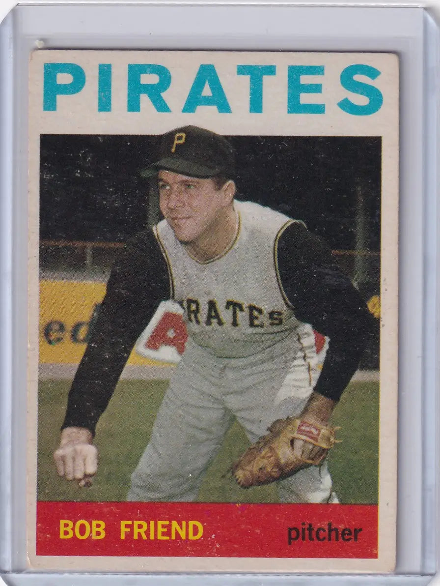 Vintage 1964 Topps Baseball card of Bob Friend, Pittsburgh Pirates pitcher in gray uniform