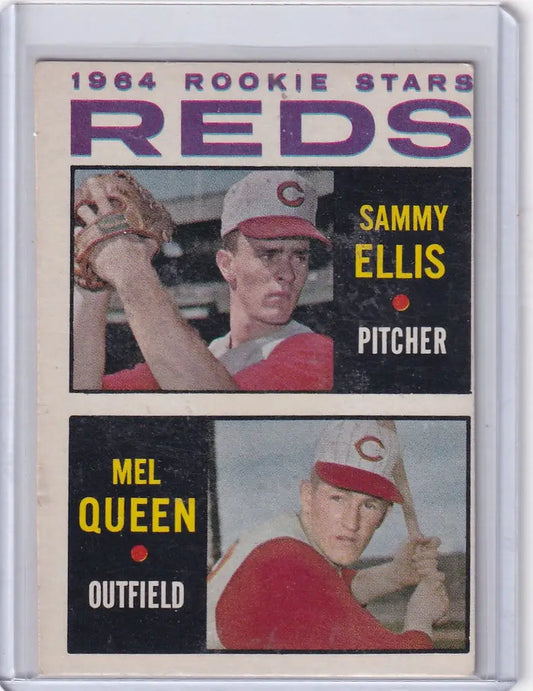 1964 Topps Baseball card featuring Sammy Ellis and Mel Queen Cincinnati Reds rookie players