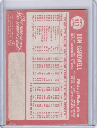 Vintage Topps Baseball card of Don Cardwell with Pittsburgh Pirates stats in red text