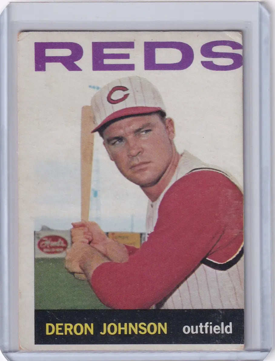 Vintage 1964 Topps Baseball card of Deron Johnson, Cincinnati Reds outfielder in batting stance