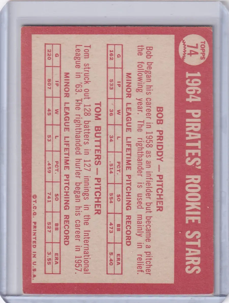 Back side of 1964 Topps Baseball Pirates Rookies card with Bob Priddy’s stats and bio