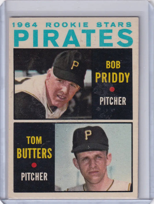 1964 Topps Baseball card featuring Pirates Rookies Bob Priddy and Tom Butters