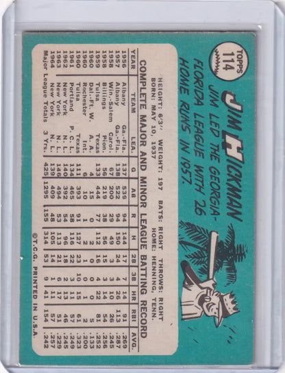 1965 Topps Baseball card of Jim Hickman showcasing New York Mets player statistics