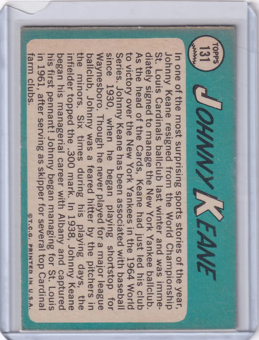 Baseball card of Johnny Keane with stats for 1965 Topps Baseball New York Yankees