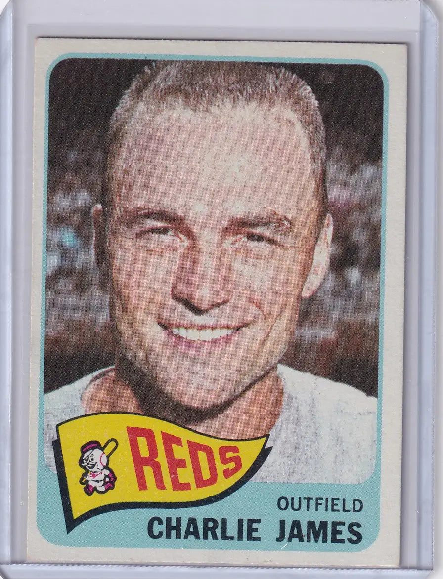 1965 Topps Baseball card of Charlie James smiling for the Cincinnati Reds team