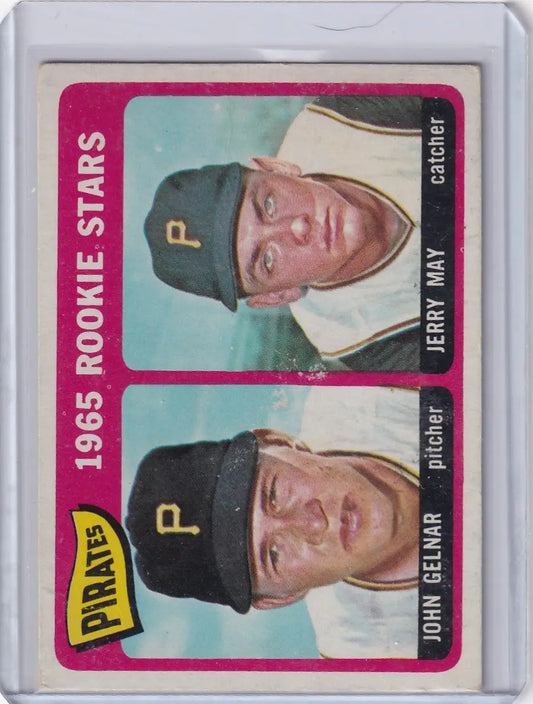 1965 Topps Baseball card of Pirates rookies John Gelnar and Jerry May RC