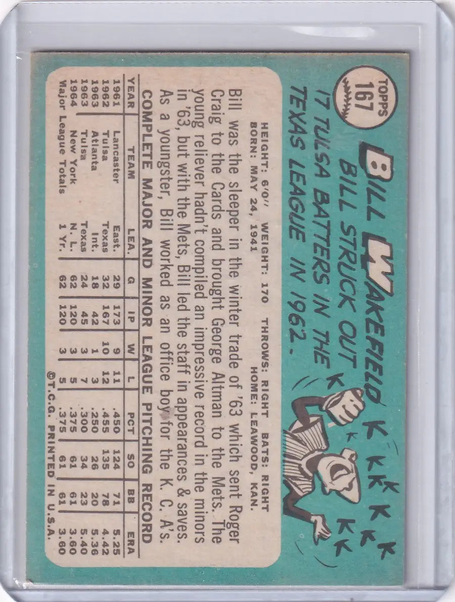 1965 Topps Baseball #167 Bill Wakefield trading card for New York Mets with stats