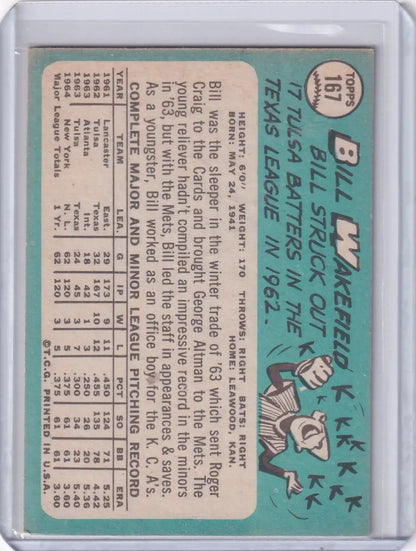 1965 Topps Baseball #167 Bill Wakefield trading card for New York Mets with stats