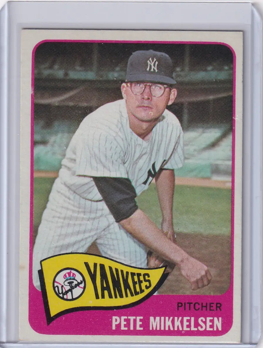 1965 Topps Baseball card of Pete Mikkelsen, New York Yankees pitcher in pinstripes