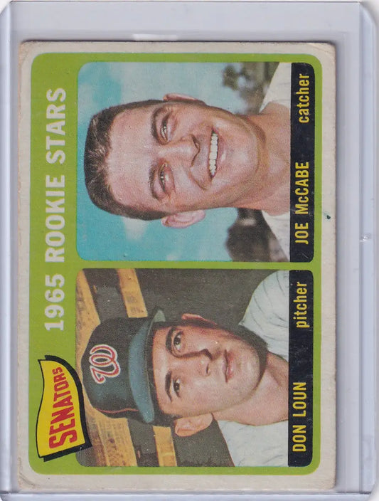 Vintage Topps Baseball card featuring Senators Rookies Don Loun and Joe McCabe headshots