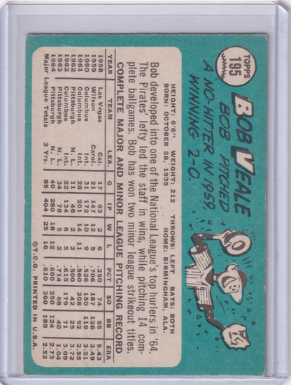 Vintage Topps Baseball card of Bob Veale with Pittsburgh Pirates player stats and illustration