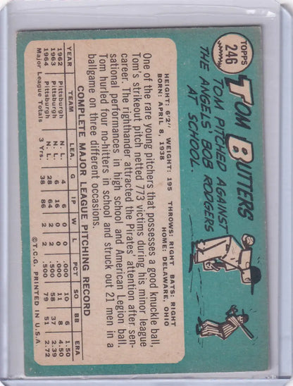 1965 Topps Baseball card of Tom Butters with stats, featuring Pittsburgh Pirates illustration