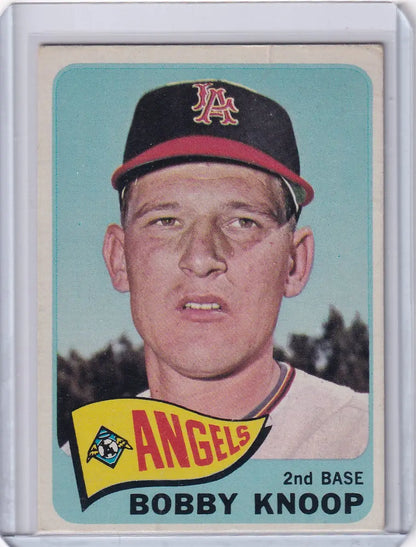 Vintage Topps Baseball card of Bobby Knoop from Los Angeles Angels wearing LA cap