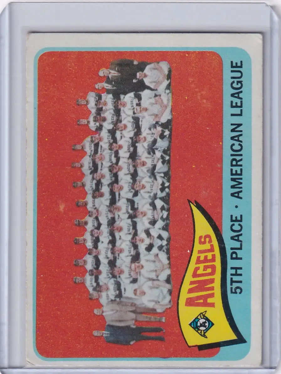 Vintage Topps Baseball card of Los Angeles Angels team photo with red background