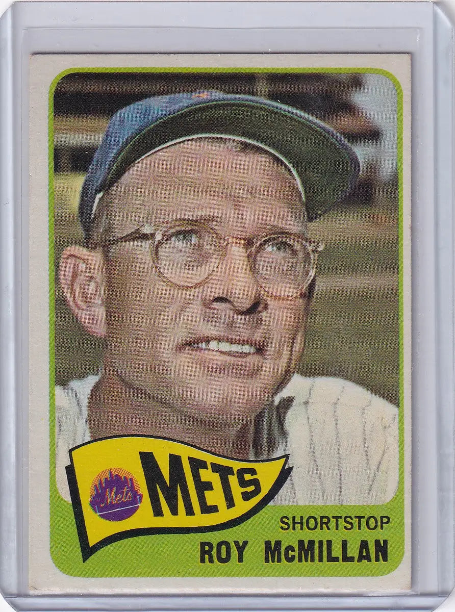 Baseball card of Roy McMillan in Mets cap, from 1965 Topps Baseball set