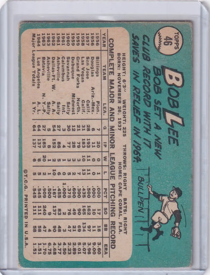 Vintage 1965 Topps Baseball card of Bob Lee showcasing Los Angeles Angels player stats