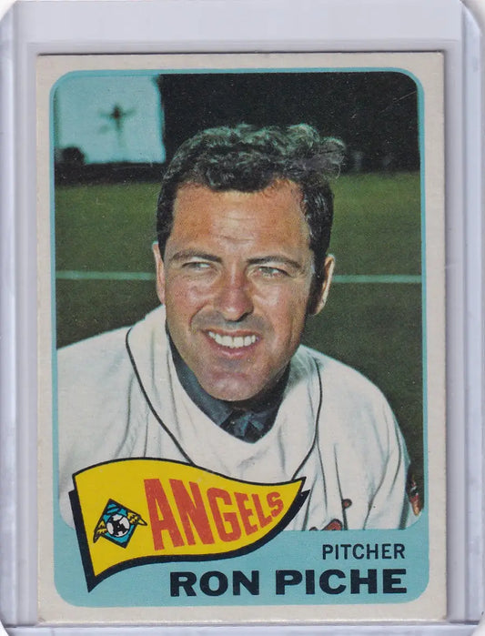 Baseball card of Ron Piche, smiling pitcher for the Los Angeles Angels, Topps Baseball